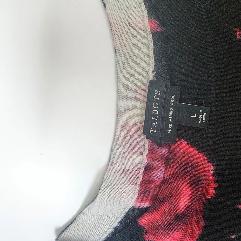 Talbots Sweater Women's L Black Red Floral Merino Wool Romantic Classic